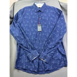 Guide London Men's Navy Blue Floral Dot Stretch Button Down Shirt Large LS.75585